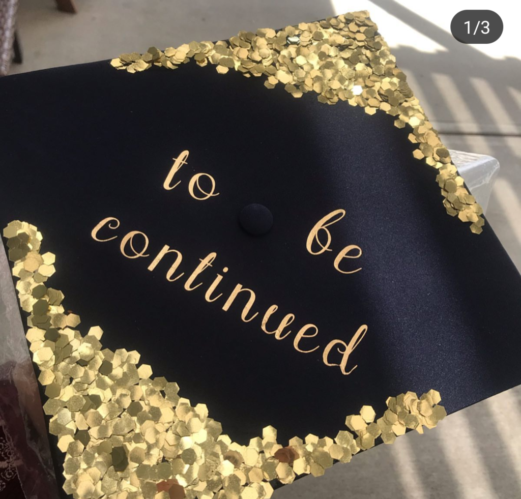 Fun gold and black decorated graduation cap- See more graduation caps on B. Lovely Events! #graduation #graduationcap
